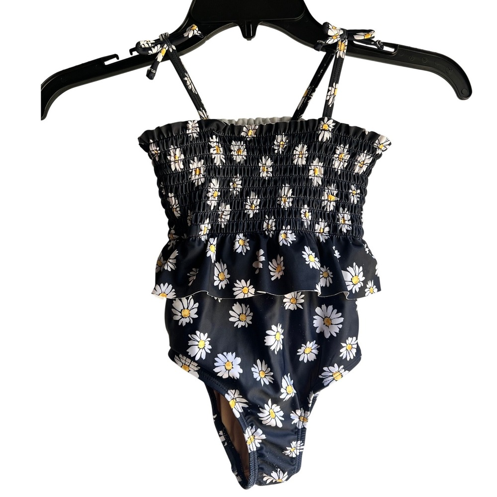 Old Navy Toddler Girls Black Daisy Floral Smocked Ruffle One Piece Swimsuit 3T